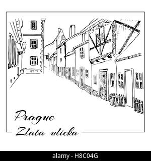 Praga. Mano di vettore bozzetto. Zlata ulicka - Golden street. Illustrazione Vettoriale