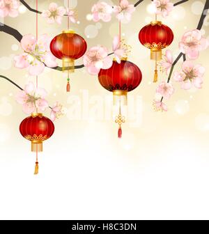 Lo sfondo dell'illustrazione con la fioritura dei ciliegi e lanterne pendenti, molla festa giapponese - Vettore Illustrazione Vettoriale