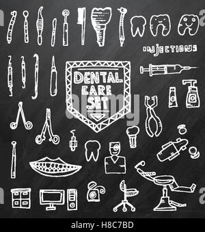 Per le cure dentarie impostato con diversi disegnati a mano le icone sul gesso nero bordo. Illustrazione Vettoriale. Illustrazione Vettoriale