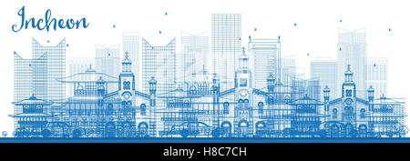 Profilo dello Skyline di Incheon con edifici blu. Illustrazione Vettoriale. Viaggi di affari e di turismo con il concetto di architettura moderna. Illustrazione Vettoriale