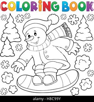Libro da colorare pupazzo di neve su snowboard - eps10 illustrazione vettoriale. Illustrazione Vettoriale