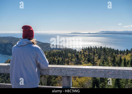 Vista dal Mont Saint Alban in Viewpoint Forillon National Park, Gaspe Peninsula, Quebec, Canada. Percé Rock in distanza. Foto Stock