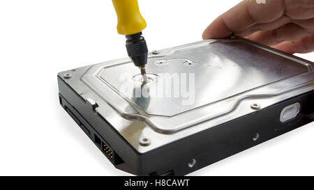 Harddrive riparazione dispositivo industria dettaglio lo spazio di archiviazione del componente del database disco cacciavite fissaggio vite attrezzo Foto Stock