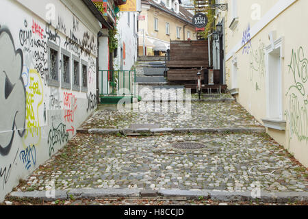 Vista del retro acciottolata strada che conduce in salita, con graffiti sui muri, Metelkova district, Sloveno città capitale della Slovenia Foto Stock