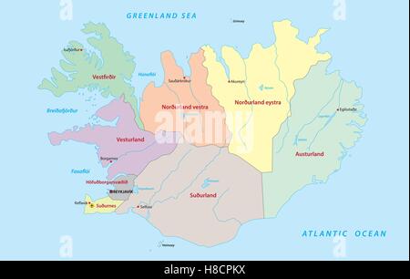 Islanda politica e amministrativa di mappa con bandiera Illustrazione Vettoriale