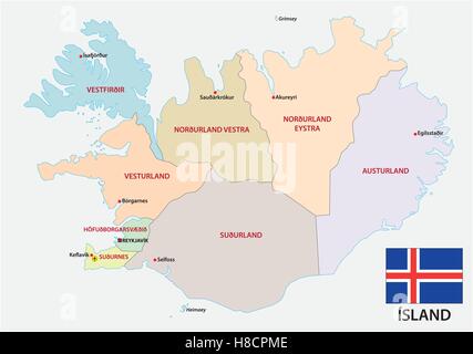 Islanda politica e amministrativa di mappa con bandiera Illustrazione Vettoriale