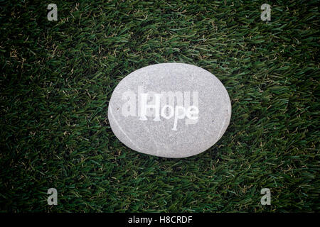 La speranza. Pietra con parola di speranza che giace sul prato verde. Close up. Foto Stock