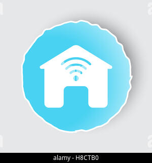 Blu pulsante app con Smart icona Home su bianco. Foto Stock