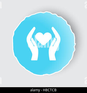 Blu pulsante app con cuore care icona sul bianco. Foto Stock