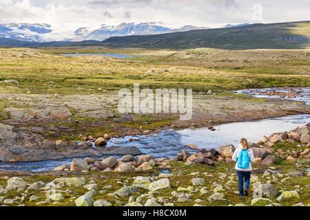 Donna che guarda al Parco Nazionale di Hardangervidda paesaggio Foto Stock