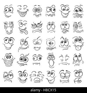 Cartoon faccia emozione set. Varie espressioni del viso in stile doodle isolato su bianco. Illustrazione Vettoriale. Illustrazione Vettoriale