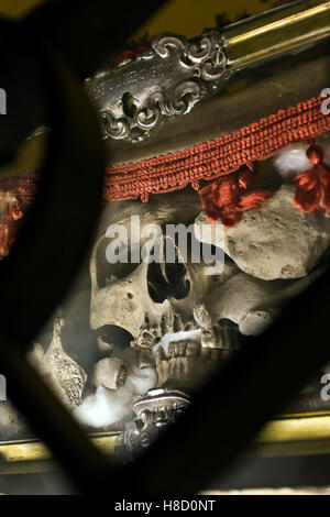 Saint reliquie i teschi e le ossa nella cripta di San Guglielmo, il monastero e la chiesa del Santuario di Montevergine Foto Stock