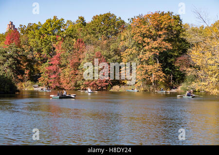 Imbarcazioni a remi sul lago, Central Park in autunno, NYC Foto Stock