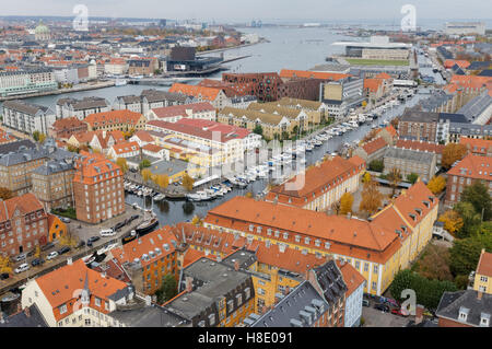 Vista panoramica dalla Chiesa del Nostro Salvatore (Vor Frelsers Kirke) di Copenhagen, Danimarca Foto Stock