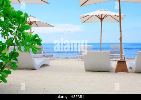 Spiaggia le sedie a sdraio in exotic tropical spiaggia di sabbia bianca Foto Stock