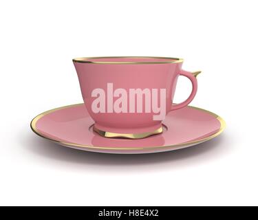 Isolato porcellana antica rosa tazza da tè sul piattino con bordatura in oro su sfondo bianco. Stoviglie vintage. 3D'illustrazione. Foto Stock