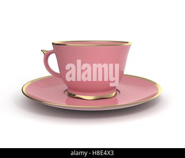 Isolato porcellana antica rosa tazza da tè sul piattino con bordatura in oro su sfondo bianco. Stoviglie vintage. 3D'illustrazione. Foto Stock