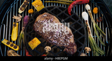 Un assortimento di deliziose grigliate di carne con verdure alla brace su un barbecue, Francia Foto Stock