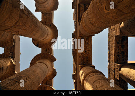 Colossali colonne di papiro di grande Hypostyle Hall, distretto di Amon-Ra, Tempio di Karnak complesso nei pressi di Luxor, Egitto, Nord Africa Foto Stock