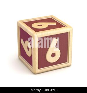 Numero 6 sei in legno blocchi alfabeto font ruotato. 3D render illustrazione isolati su sfondo bianco Foto Stock