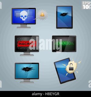 I computer e le compresse hacked, rotte e infetti Illustrazione Vettoriale