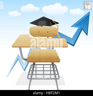 Alta Formazione con banco di scuola, graduazione hat e cielo Illustrazione Vettoriale