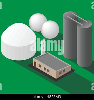 Impianto di produzione di biogas vettore isometrica su sfondo verde Illustrazione Vettoriale