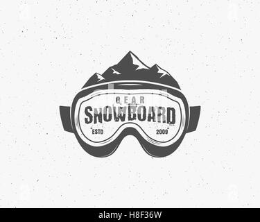 Snowboard occhiali logo estrema e il modello di etichetta. Inverno Sport snowboard store badge. Emblema e icona. Avventura in montagna e insegne, simbolo e elemento monocromatico vintage design retrò Foto Stock