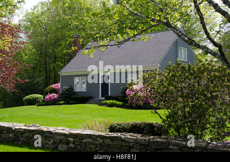 Grigio a Cape Cod casa in legno in primavera con piante in fiore Yarmouth ME, STATI UNITI D'AMERICA Foto Stock