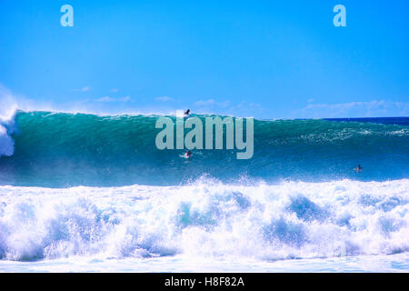 Tre surfisti a Banzai Pipeline, Ehukai Beach Park in Pupukea su Oahu North Shore Hawaii negli Stati Uniti. Onde 15-20 piedi. Foto Stock