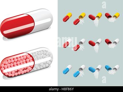 Varietà di medicina caplet per alleviare il dolore, chiusa e la fuoriuscita di medicina o di prescrizione. Illustrazione Vettoriale