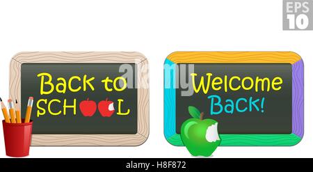 Si torna a scuola lavagna con matite e bentornati messaggio con mela verde Illustrazione Vettoriale