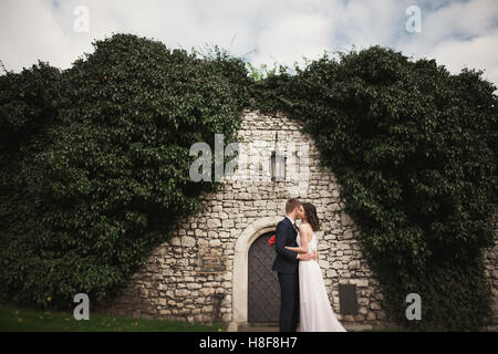 Splendida sposa in posa vicino al bellissimo muro di cespugli di piante di alberi nel loro giorno di nozze Foto Stock