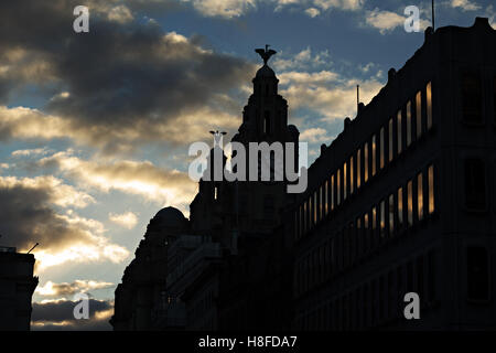 Il Fegato edifici Liverpool in silhouette Foto Stock
