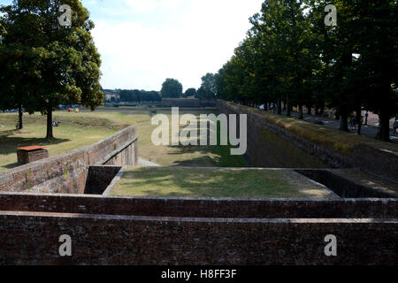 Lucca, Italia - 5 Settembre 2016: mura difensive nella vecchia città di Lucca in Italia. Persone non identificate visibile. Foto Stock