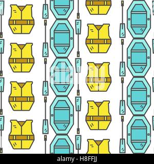 Apparecchiature Rafting seamless pattern. Esterno lo stile di una linea sottile color design. Elementi di stile per il web, applicazioni mobili, banner, volantini, manifesti, opuscoli. Barca, giubbotto di salvataggio. Illustrazione Vettoriale Illustrazione Vettoriale