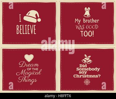 Set di Natale segni divertenti, citazioni sfondi disegni per bambini - credo a Babbo Natale. Nizza tavolozza retrò. Il bianco e il rosso dei colori. È possibile utilizzare come flyer, banner, poster, scheda Sfondo. Vettore Illustrazione Vettoriale