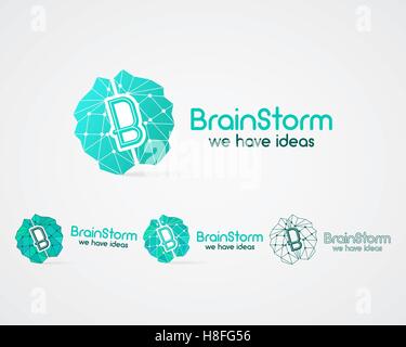 Il logo di brainstorming impostato, il cervello, il concetto di creazione di logo e modelli di elementi. Risolvere i problemi, idea creation business logotipo della società. Agenzia creativa identità di marca. Poligonale icona del cervello concetto. Vettore. Illustrazione Vettoriale