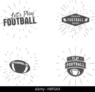 Set di vintage rugby e football americano di etichette, emblemi e disegni logo con elementi a raggiera. Disegnata a mano in stile monocromatico con caratteri. Sport usa simboli di identità. Illustrazione Vettoriale. Illustrazione Vettoriale