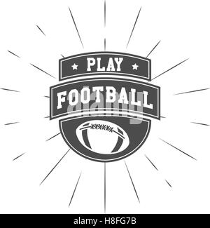 Vintage football americano e rugby etichetta, emblema e logo design con elemento a raggiera. Disegnata a mano in stile monocromatico con caratteri. Emblema di calcio modello. Stati Uniti d'America sport simbolo di identità. Vettore. Illustrazione Vettoriale