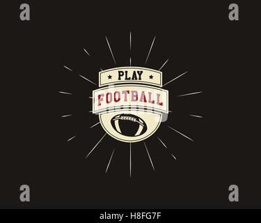 Vintage football americano e rugby etichetta, emblema e logo design con elemento a raggiera. Disegnata a mano in stile monocromatico con caratteri. Emblema di calcio modello. Stati Uniti d'America sport colore simbolo di identità. Vettore. Illustrazione Vettoriale