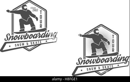 Set di snowboard logo, modelli di etichetta. Sport invernali badge. Extreme emblema e icona. Insegne di avventura. Vector design monocromatico Illustrazione Vettoriale