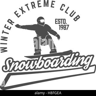 Snowboard logo, il modello di etichetta. Inverno extreme club badge. Extreme emblema e icona. Insegne di avventura. Vector design monocromatico Illustrazione Vettoriale