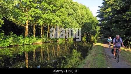 Bridgewater Canal Runcorn d'estate,waterside ciclisti, Cheshire, Inghilterra, Regno Unito Foto Stock