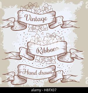 Vecchio disegnati a mano per banner scrapbook o il design nel vettore.collezione di nastri vintage e luogo per il testo. Schizzo eleme decorativi Illustrazione Vettoriale