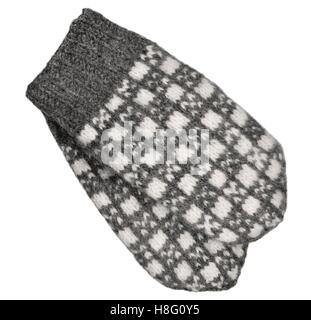 Mitten grigio coppia isolata, bianco grigio testurizzato guanti di lana pattern, a maglia di lana caldo inverno guanti senza dita dettaglio, grandi Foto Stock