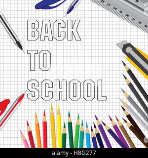 Si torna a scuola, scuola, penna, righello torna, vettore sfondo bianco, colore, istruzione, modello, testo, immagine, elementare Illustrazione Vettoriale