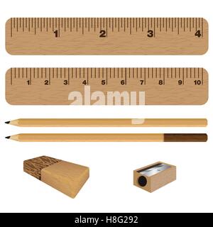 Sharpener, matita, eraser, righello, scala, scuola, il centimetro, educazione, attrezzature, illustrazione, pollice quadro, isolato Illustrazione Vettoriale