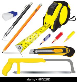 Vettore, forniture, isolato, bianco, piatta, sega, sfondo, scuola, arte, artigianato, office, righello set, illustrazione, tool, design Illustrazione Vettoriale