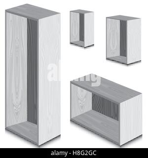 Ripiano, legno, box, vettore di legno, vuoto, scaffale, illustrazione, design, vuoto, interno, parete isolata, sfondo bianco Illustrazione Vettoriale